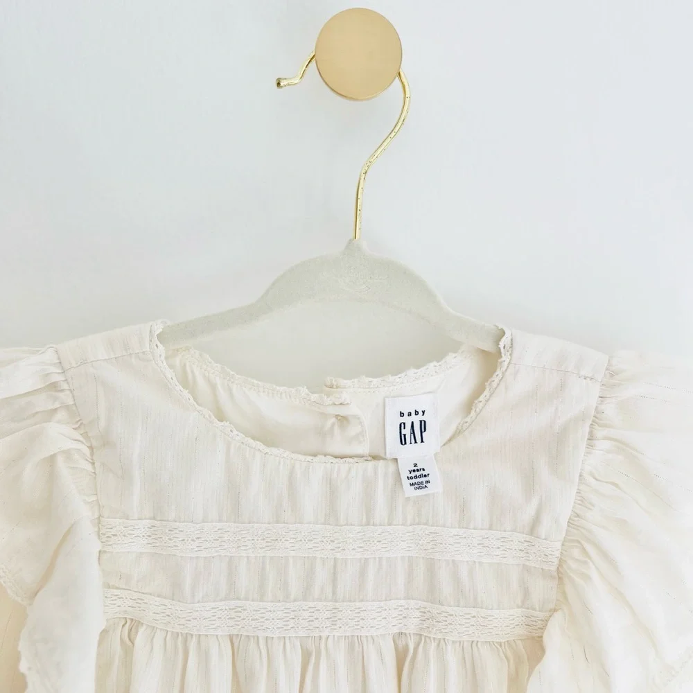 GAP Kids Off-White Ruffle Blouse with Lace & Silver Threading Details, Girls 2T - Picture 2 of 6